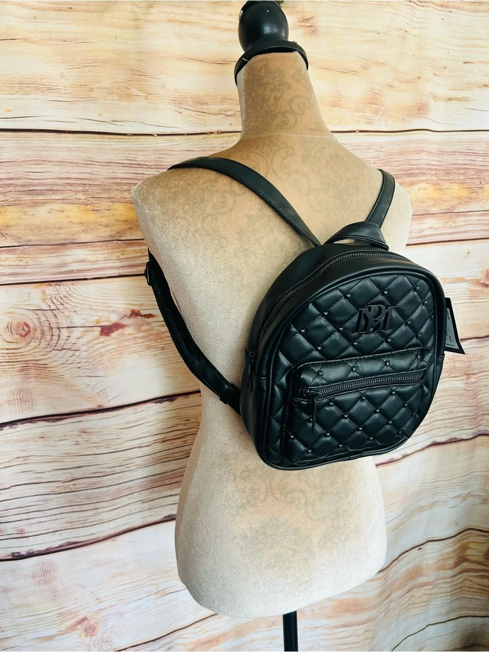 Badgley Mischka Black Vegan Leather Logo Studded Quilted Mini Backpack NWT